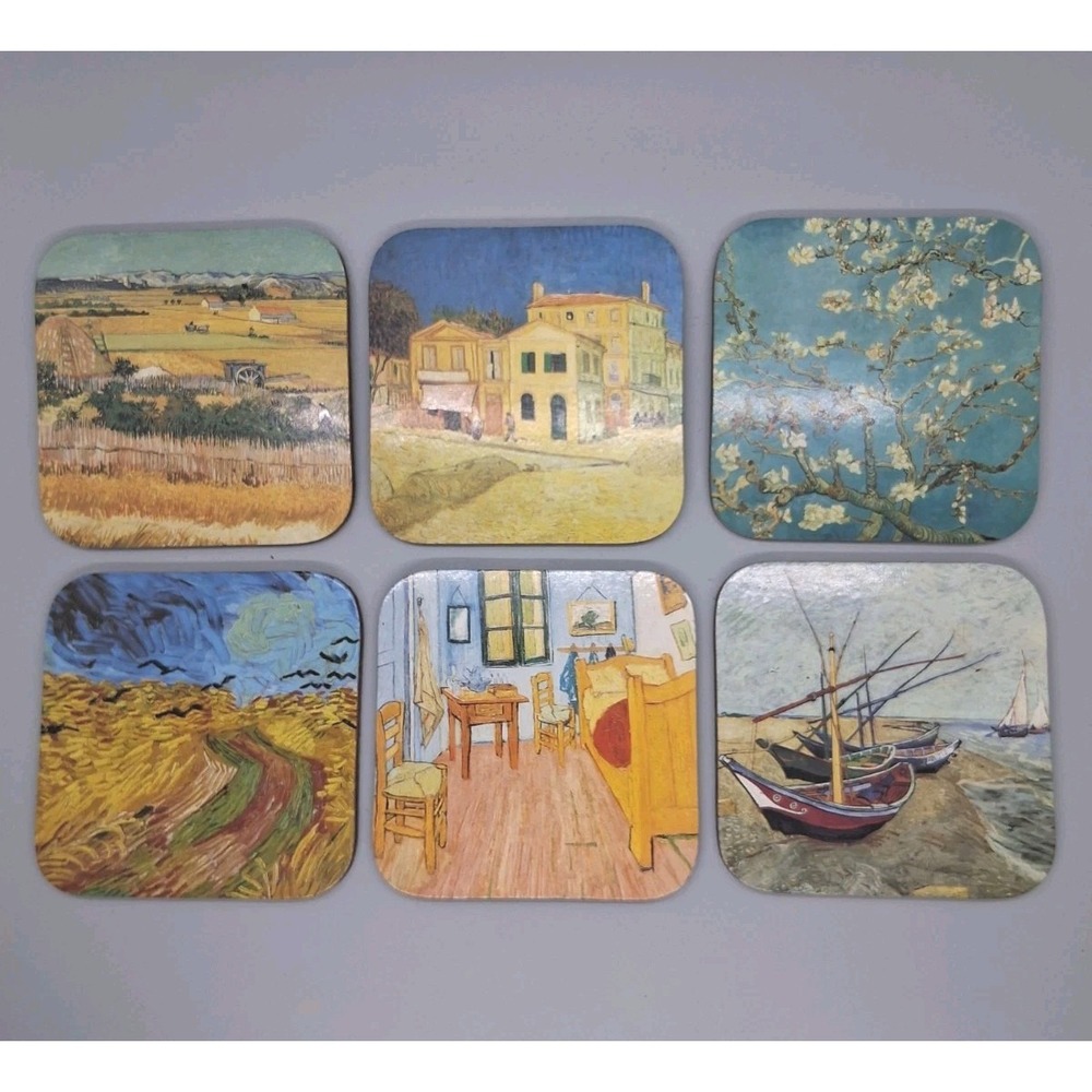 Vincent Van Gogh Coasters hardboard cork set of 6- 3.75" Made in Holland